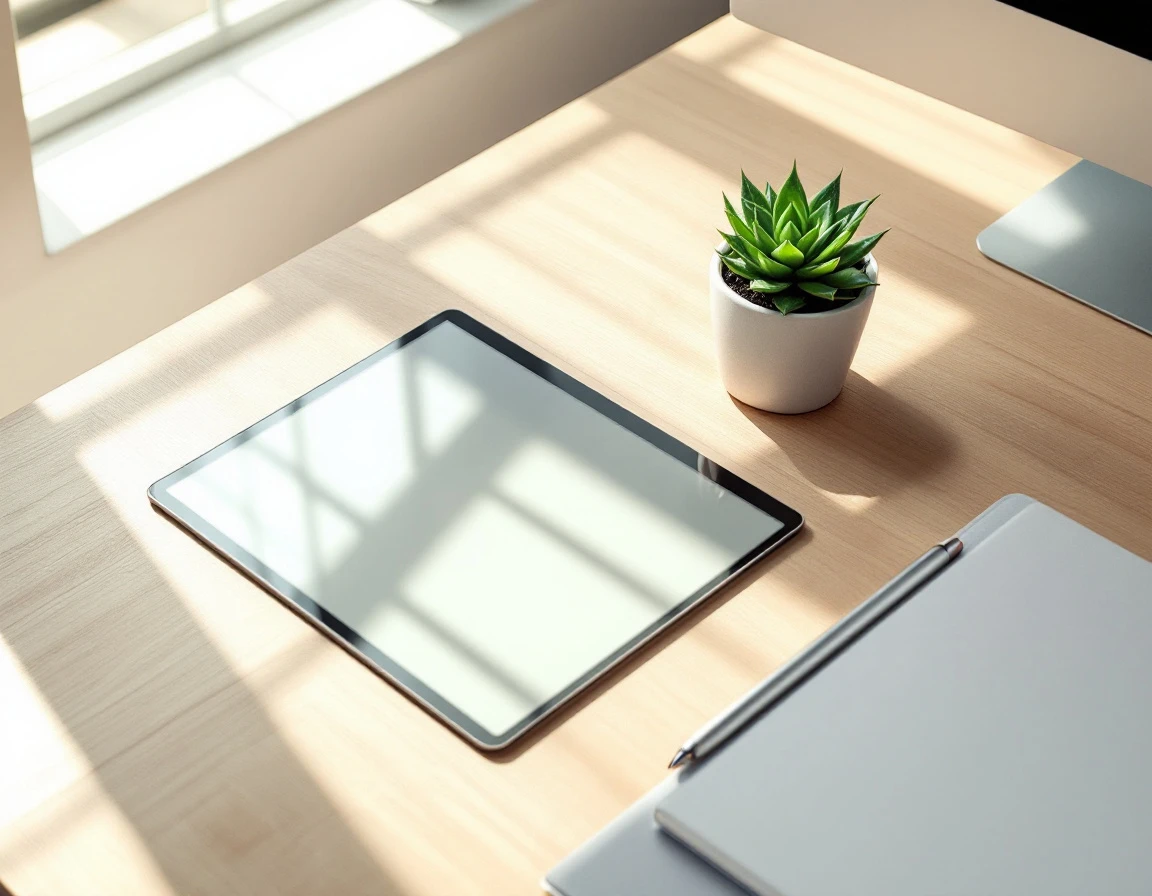 Tablet device on wooden desk with succulent plant and stylus in natural window light
