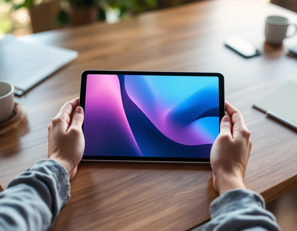 Tablet on wooden desk showing abstract interface with hands positioned for interaction in modern workspace