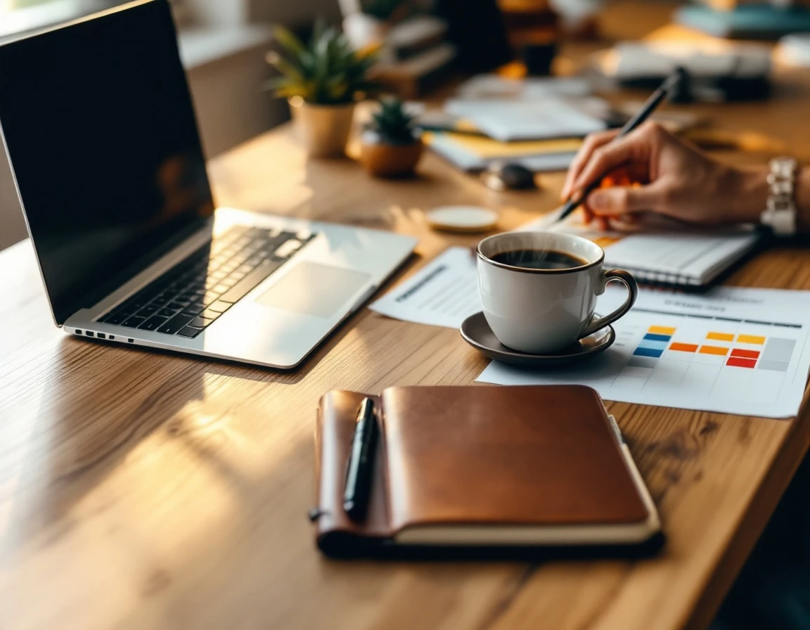 Wooden desk with laptop, coffee, and scheduling materials for modern workforce management tools