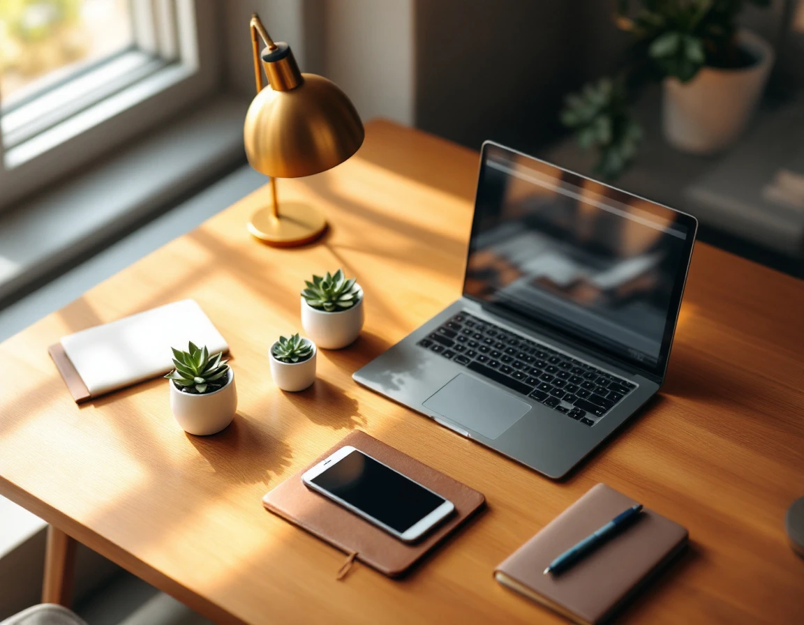 Professional desk workspace with laptop, plants, and organized office supplies in warm natural lighting