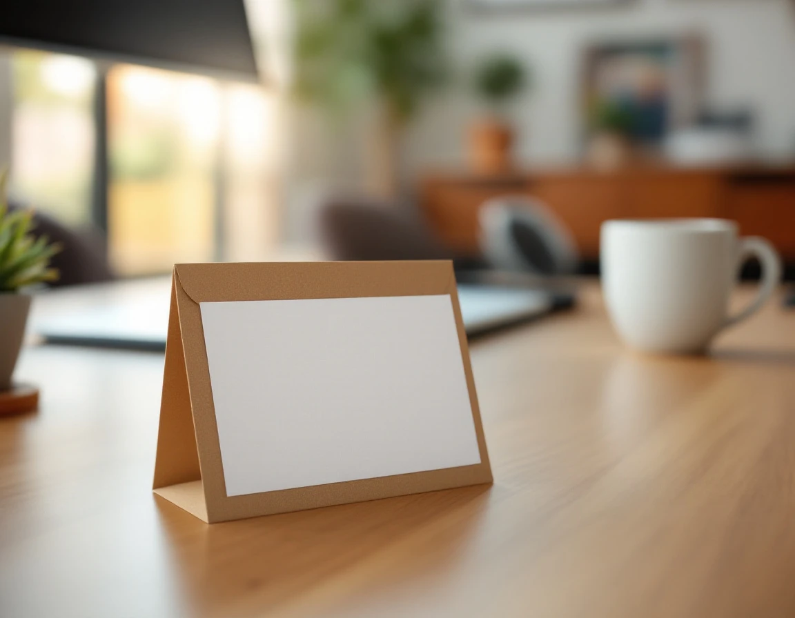 Blank appreciation card on modern office desk with succulent and coffee mug in natural light