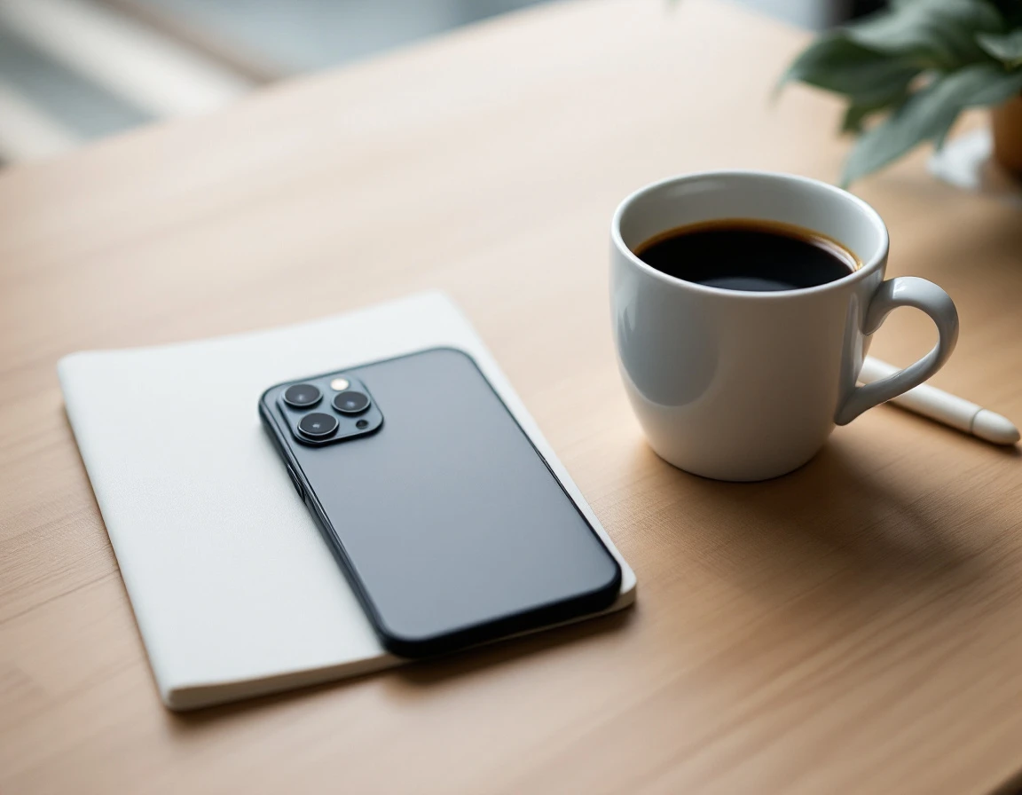 Smartphone placed face-down on desk beside coffee cup and notebook in natural window light