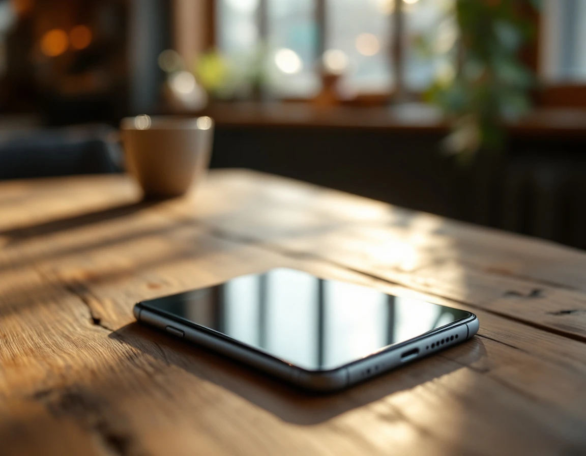 Modern smartphone resting face-down on wooden cafe table with coffee cup in soft afternoon light