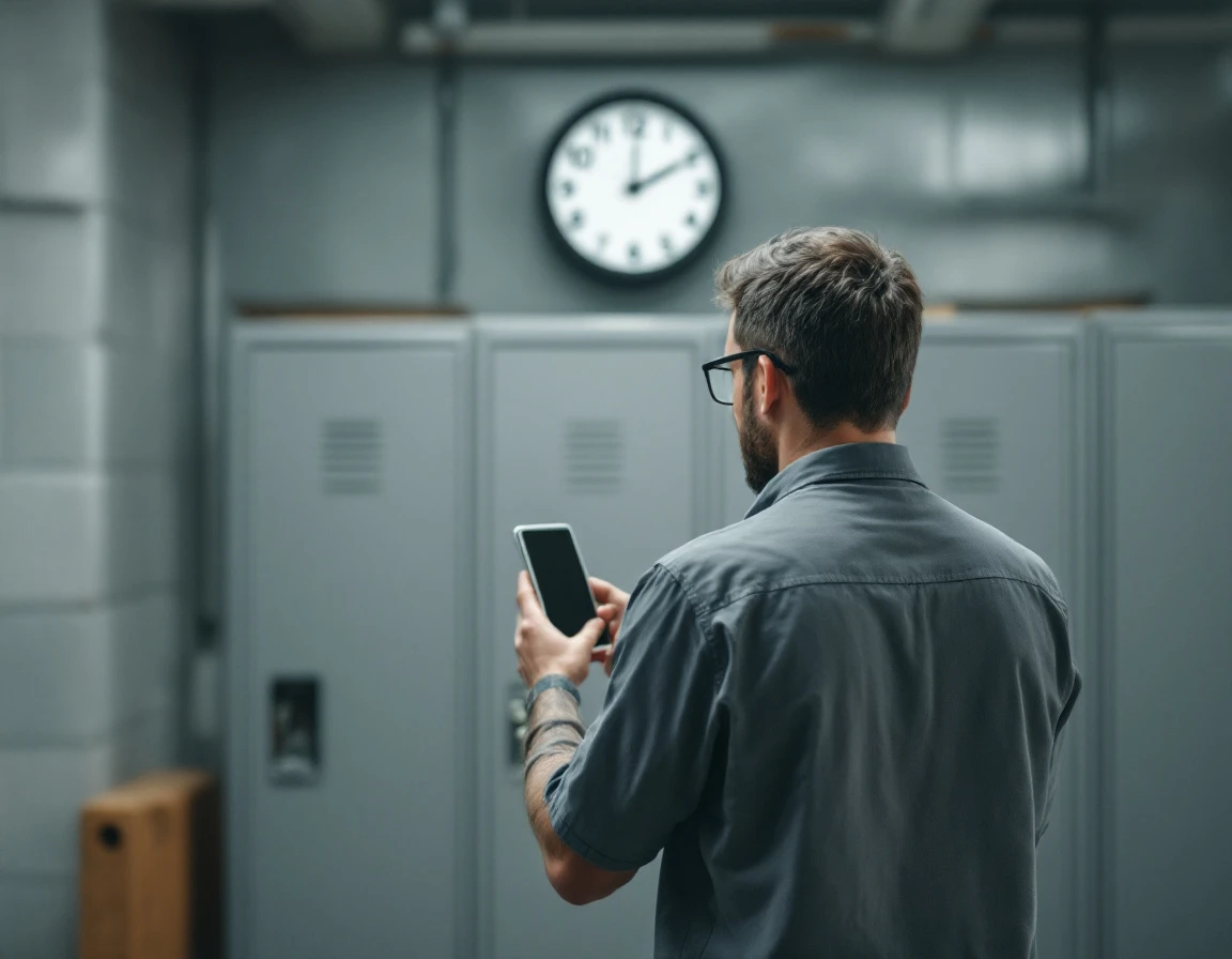 Worker waiting for approval during shift, holding phone while checking time on wall clock in warehouse break room