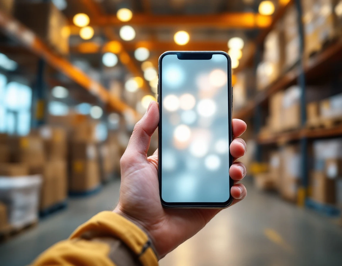 Worker holding smartphone in warehouse with blurred screen showing mobile approval workflow interface