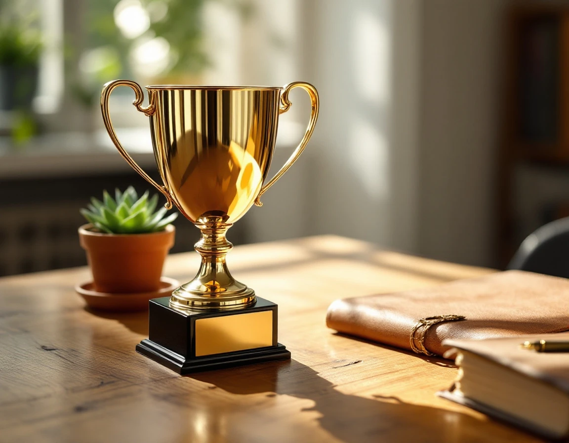 Brass trophy on wooden desk with succulent plant in natural office lighting