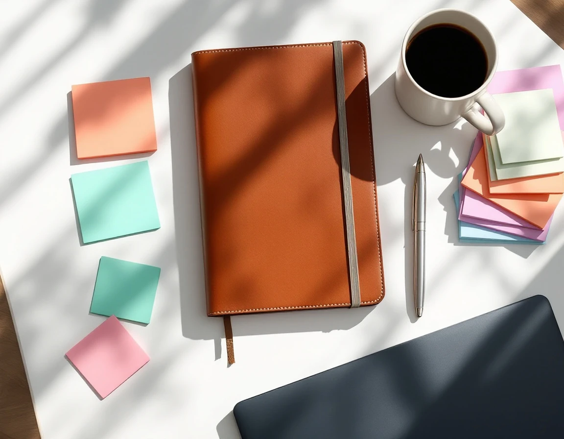 Workspace flatlay with closed planner, coffee mug, sticky notes, and laptop for Q4 goal planning