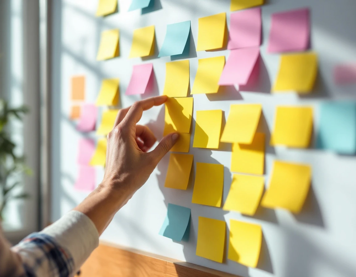 Hand adjusting colorful sticky notes on collaborative planning wall in bright office workspace
