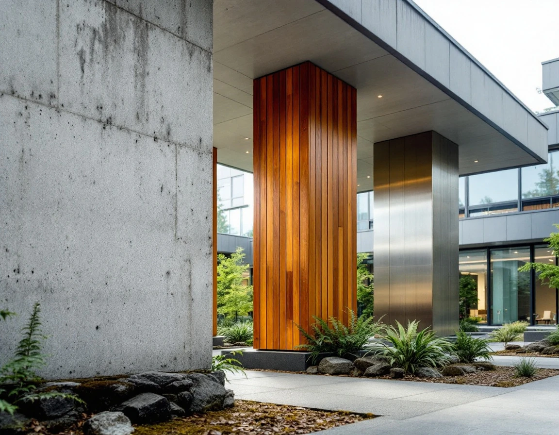 Three distinct architectural pillars of different materials supporting a modern workspace structure