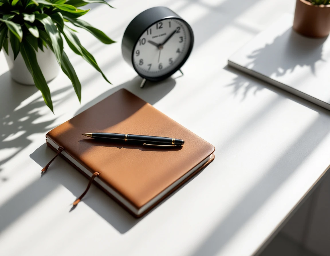 Minimalist desk with notebook, pen, and analog clock representing proportional workplace monitoring
