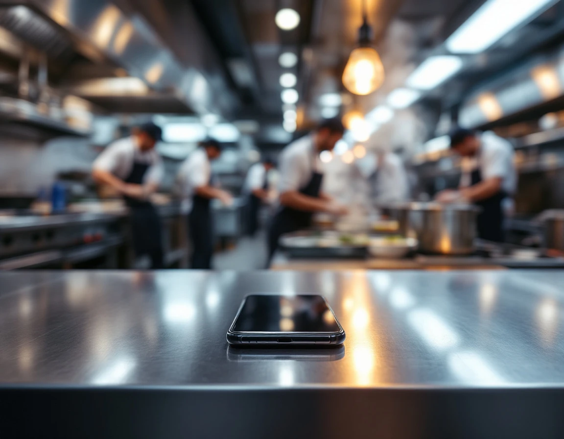Smartphone on stainless steel kitchen counter during busy restaurant service with staff working in background