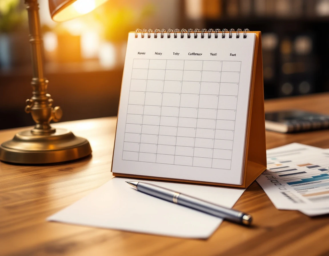 Wooden desk with blank calendar, notepad, and compliance materials for tracking student work hours