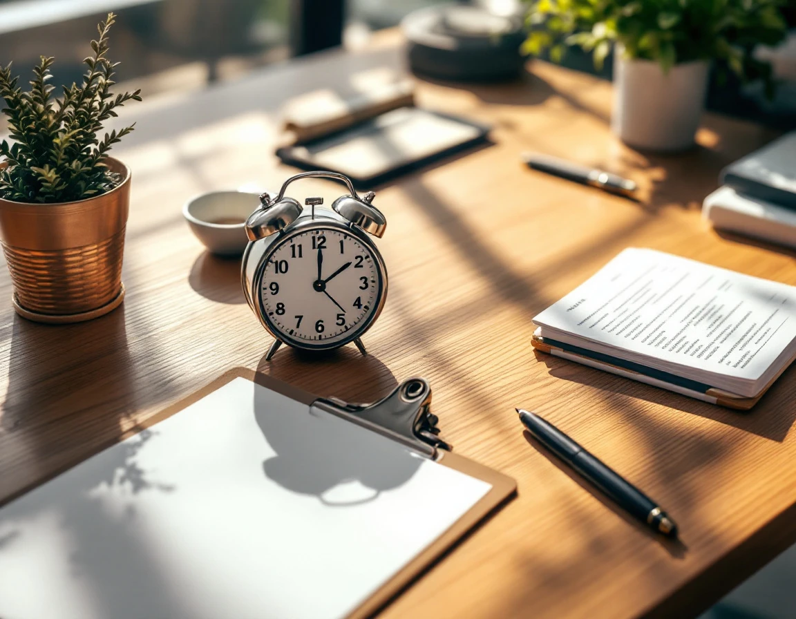 Analog clock and blank clipboard on wooden desk with office supplies for scheduling and time management