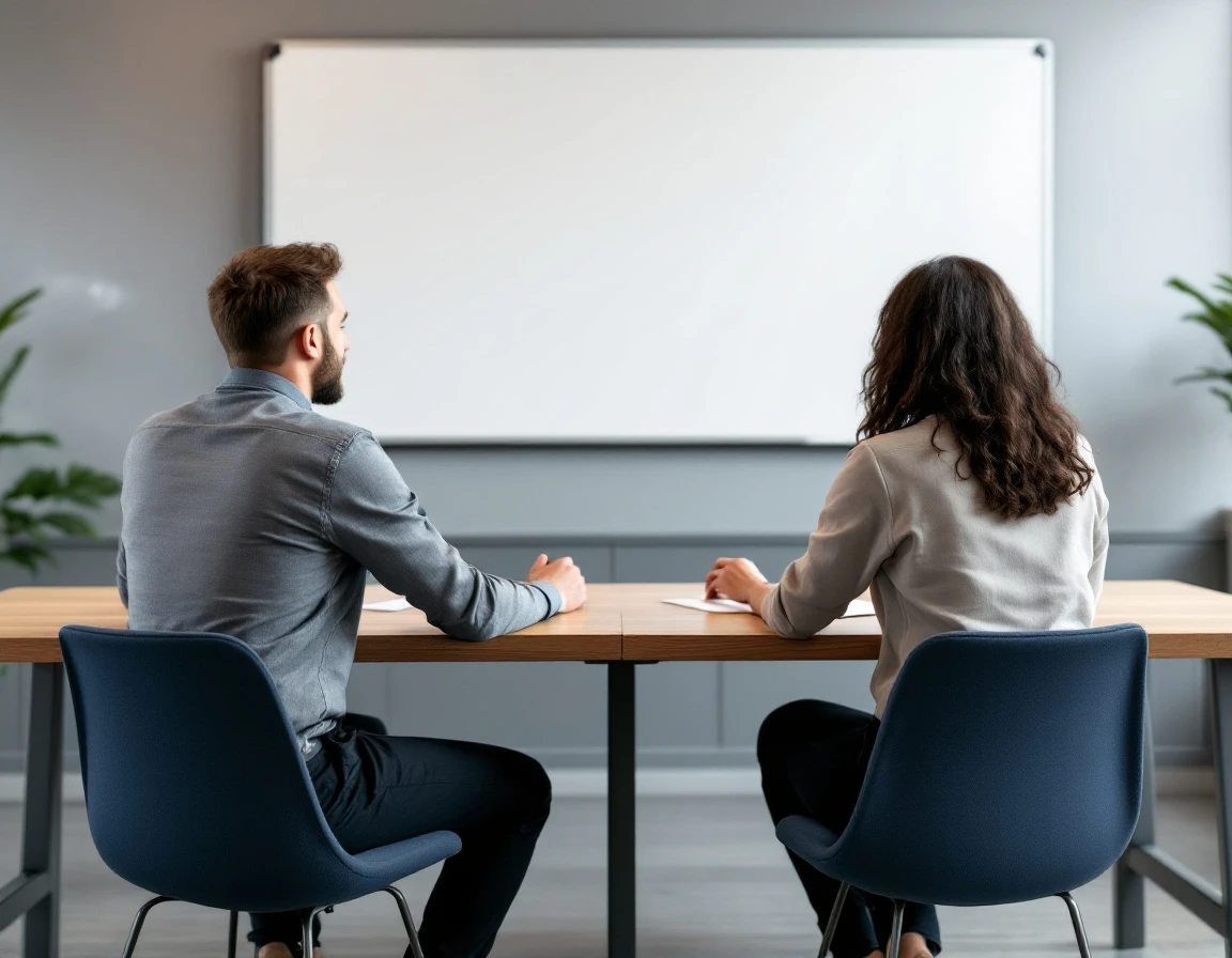 Two managers collaborating at conference table with minimal whiteboard in modern office workspace