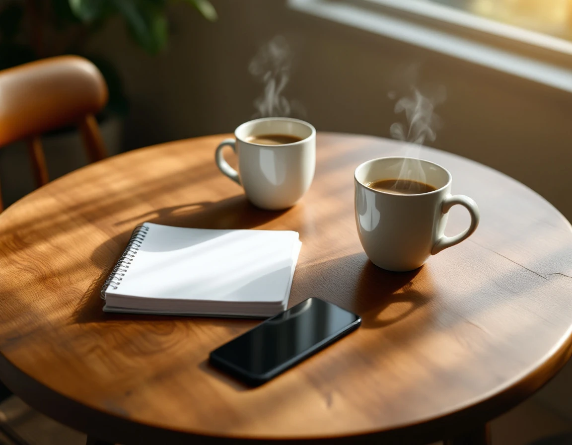 Round wooden table with coffee cups and smartphone arranged for manager-employee conversation
