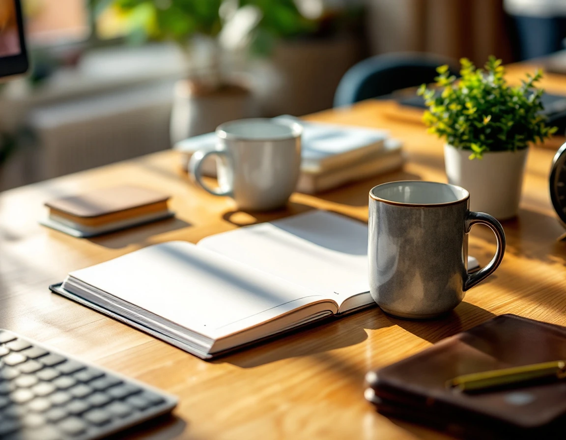 Manager's desk with blank planner, coffee, plant, and clock representing scheduling flexibility