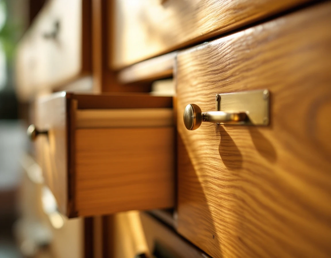 Wooden filing cabinet drawers with brass hardware for storing time records and employment documentation