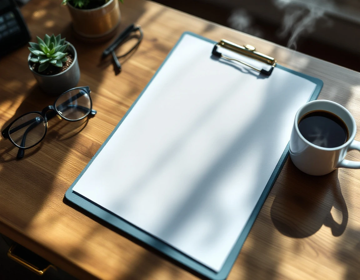Blank clipboard on wooden desk with coffee mug, glasses, and office supplies for workplace compliance documentation