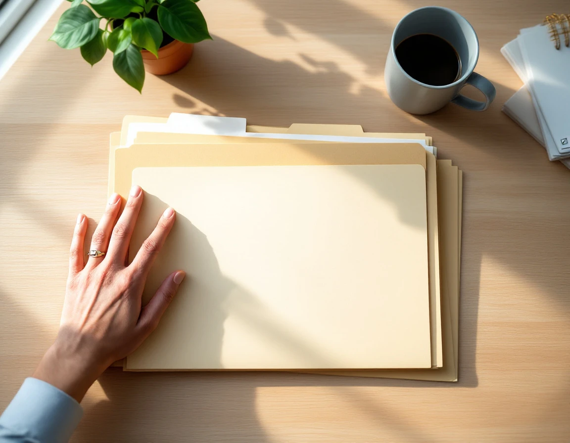 Overhead view of organized compliance folders and audit materials on a wooden desk with coffee and plant
