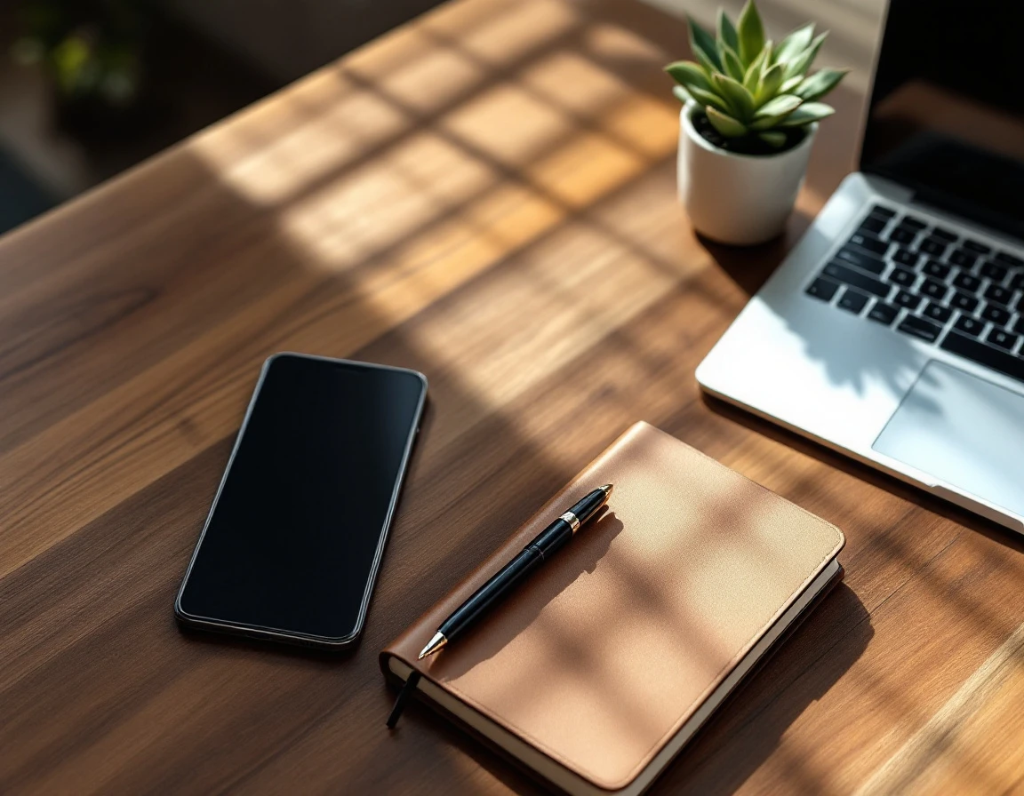 Professional manager's desk with closed laptop, journal, pen, and plant in organized workspace setting