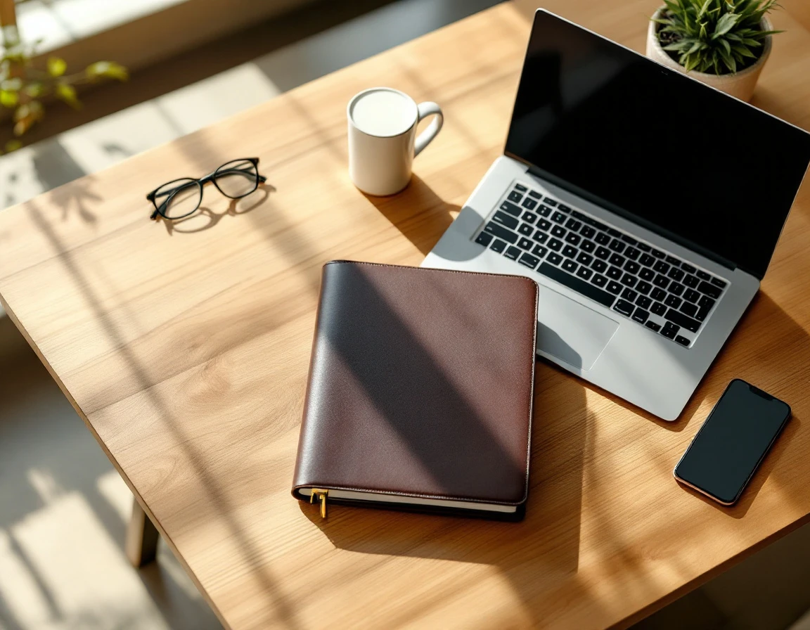 Manager's desk with closed laptop, policy folder, and smartphone arranged in organized workspace