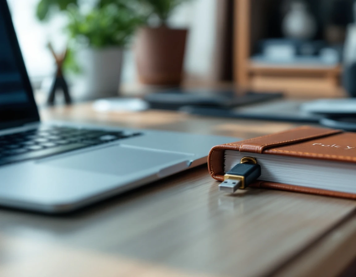Laptop and security device on office desk representing workplace data protection measures