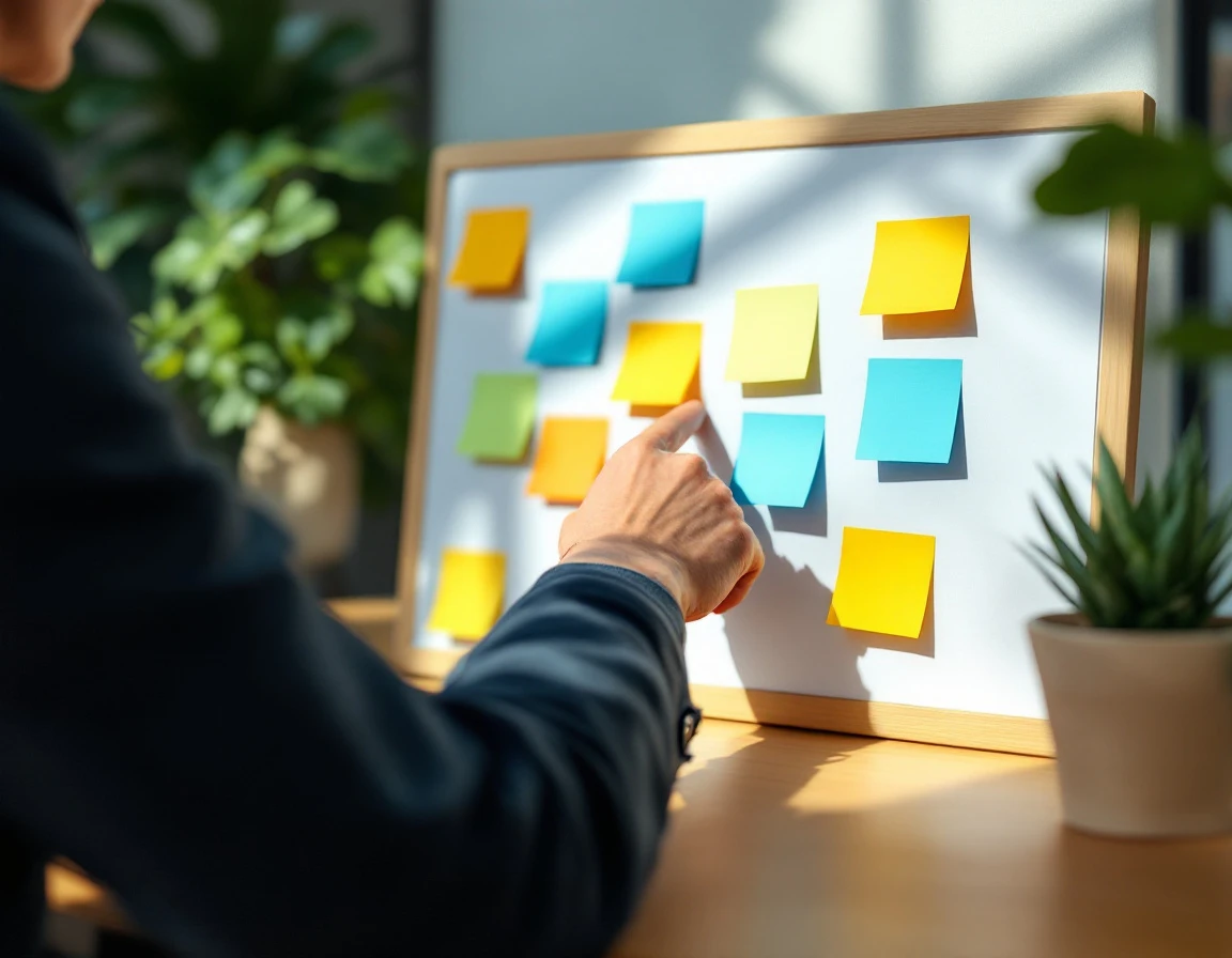 Hand adjusting colored blocks on minimalist planning board in professional office setting
