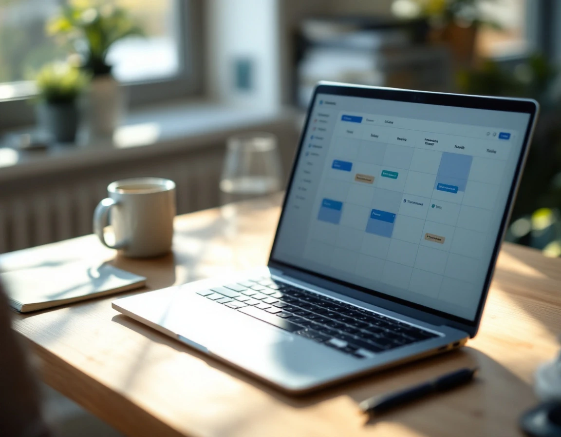 Laptop on office desk showing workforce scheduling interface with color-coded shift assignments