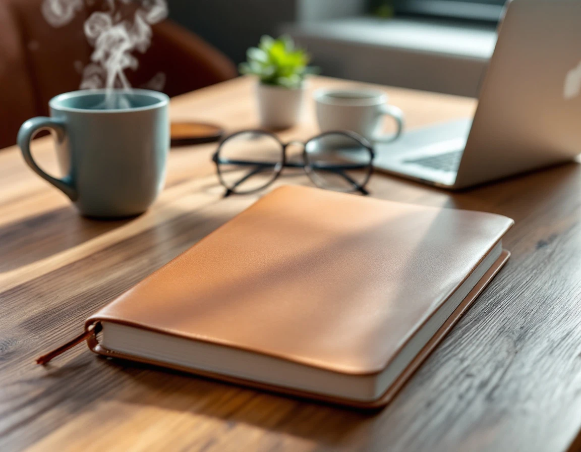 Closed planner and coffee on office desk workspace with laptop and reading glasses