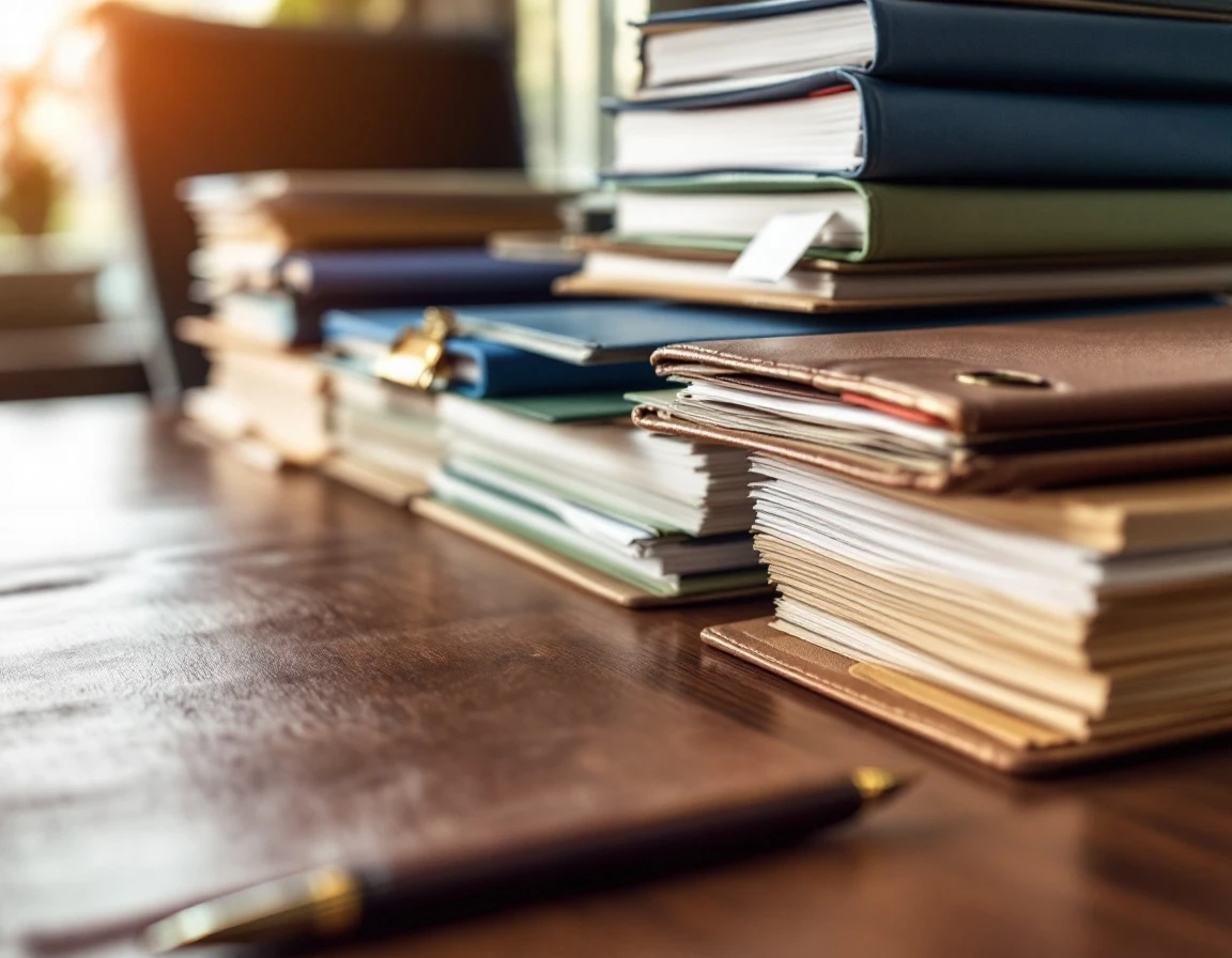 Organized office desk with colored folders, clipboards, and blank documents for FMLA compliance tracking
