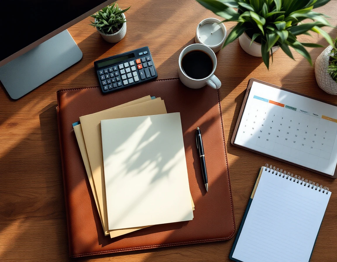 Organized desk with leave tracking folders, calendar, and documentation tools for FMLA compliance