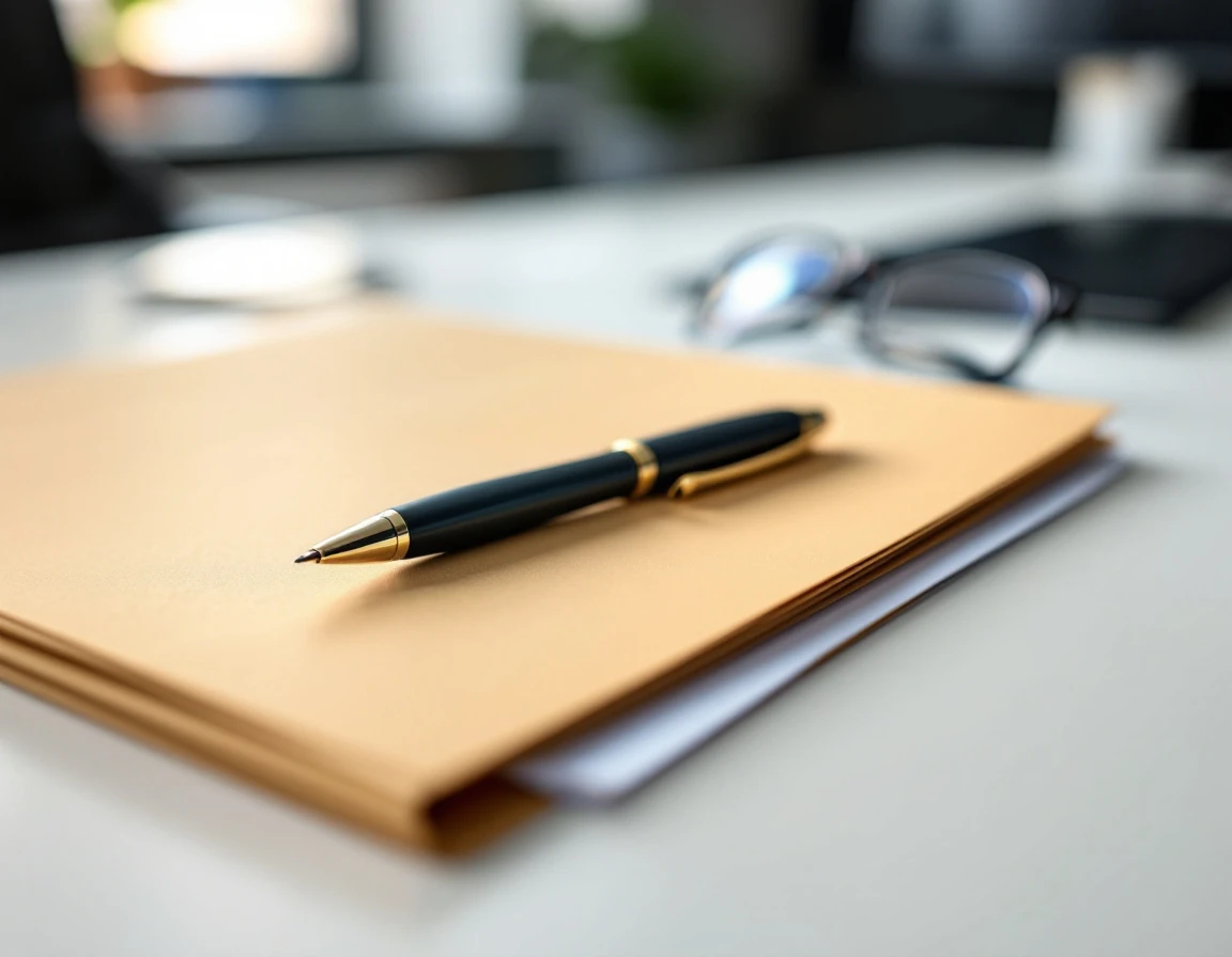 Manila folder with pen and glasses on office desk representing organized FMLA documentation practices