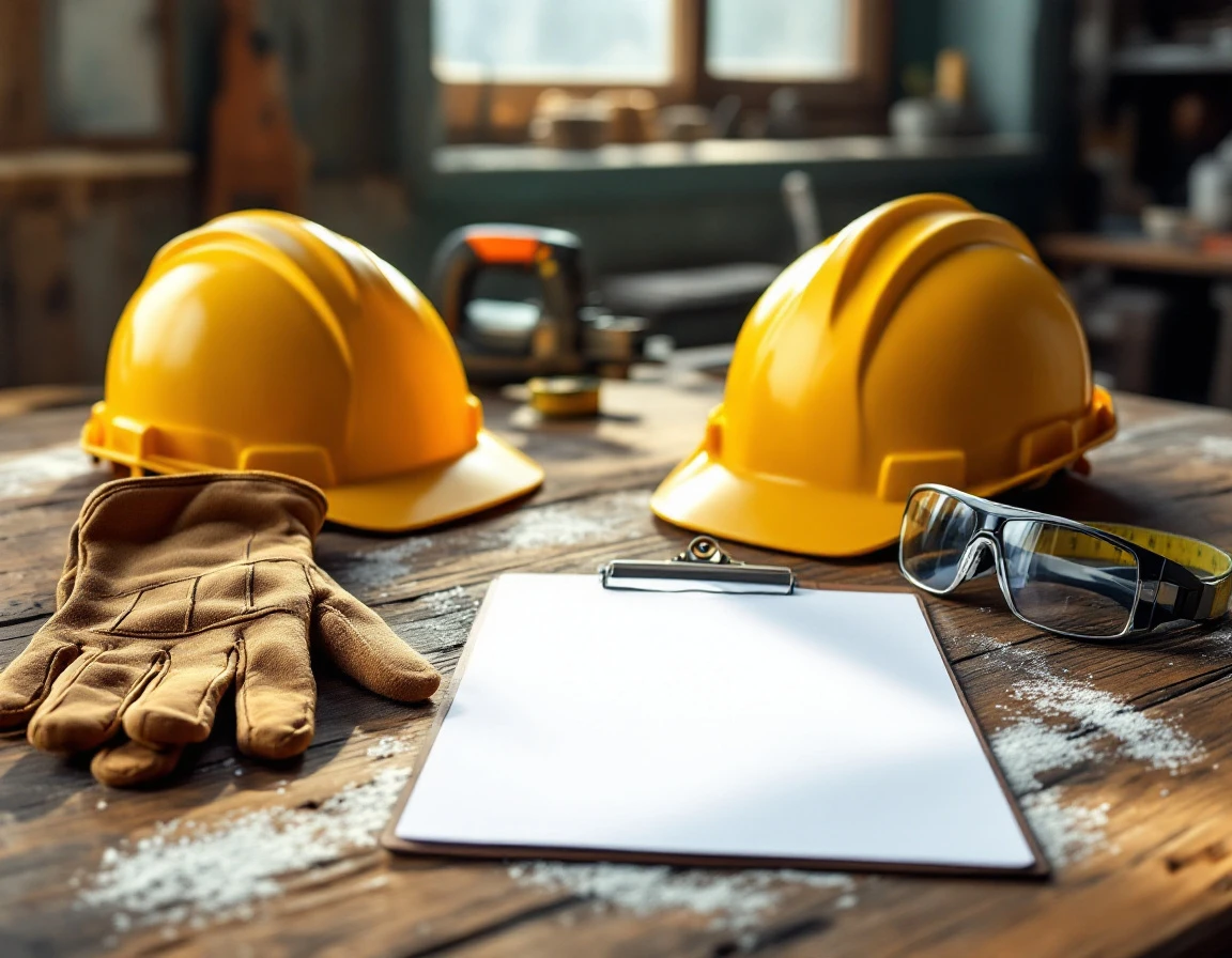 Wooden work table with hard hat, leather gloves, tools, and blank clipboard in trades workshop