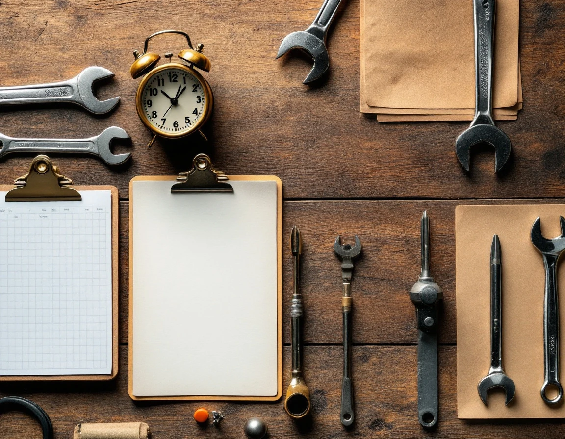 Flat-lay of scheduling tools and trades equipment on wooden workbench representing workforce management planning