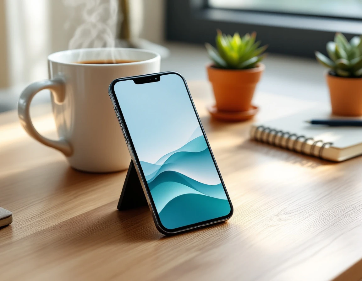 Smartphone with abstract color display on wooden desk alongside coffee, notebook, and succulent plant