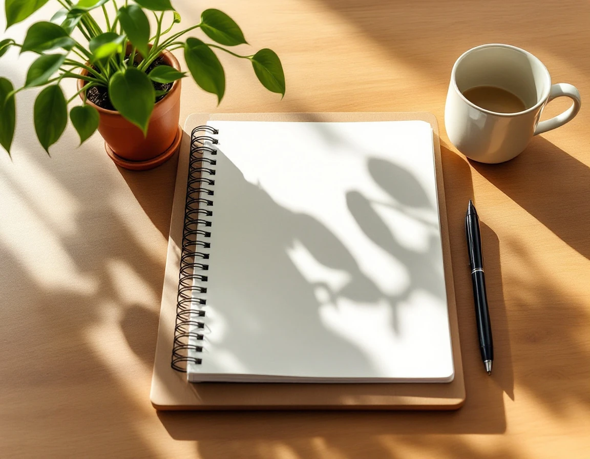 Clean workspace with blank notebook, pen, coffee mug, and plant on wooden desk with natural lighting