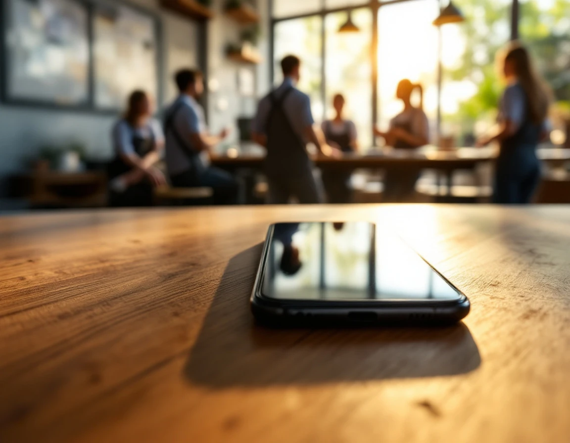 Mobile devices on breakroom table with frontline workers gathering in background during shift break