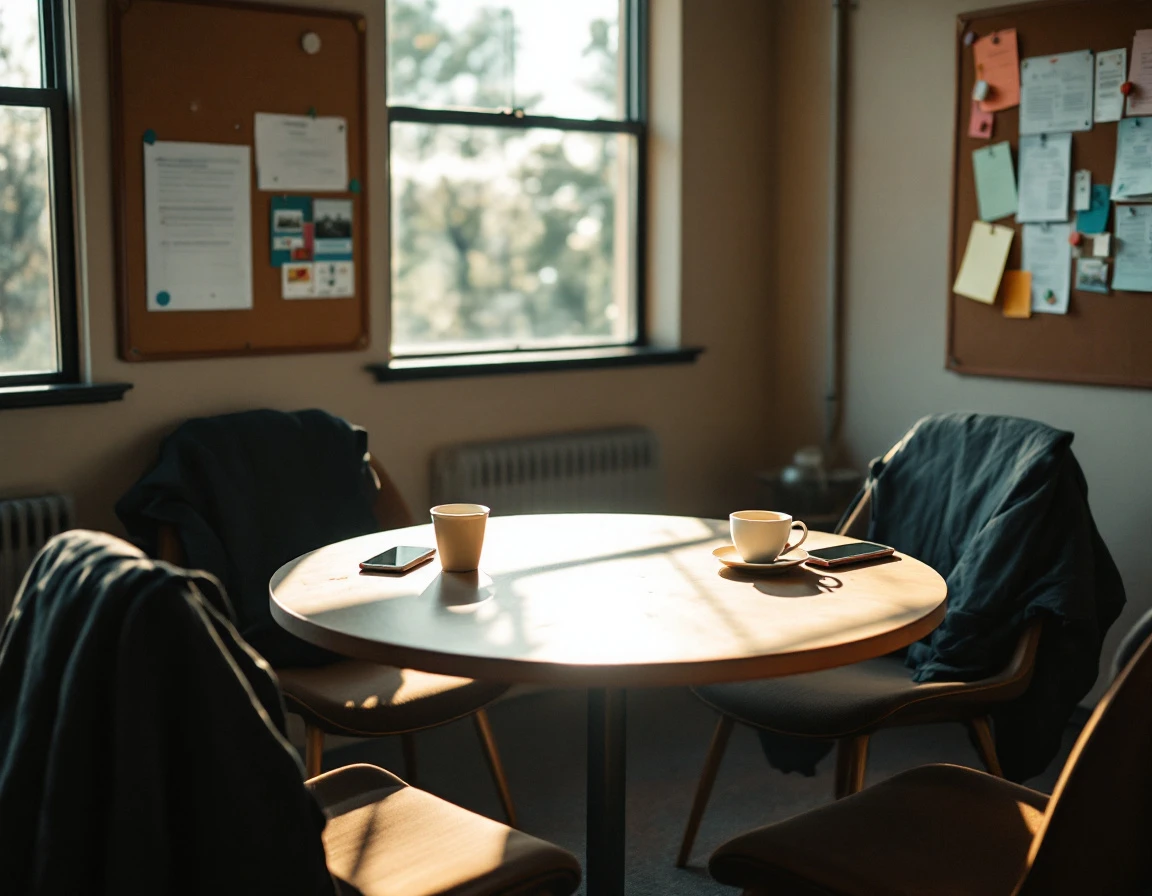 Staff break room table with coffee cups and personal items before shift begins