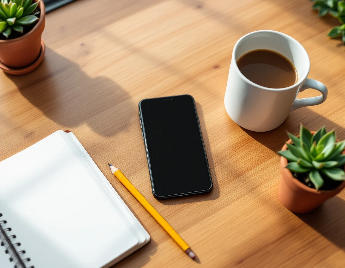 Smartphone resting face-down on wooden desk beside notebook, coffee mug, and succulent plant in natural office lighting