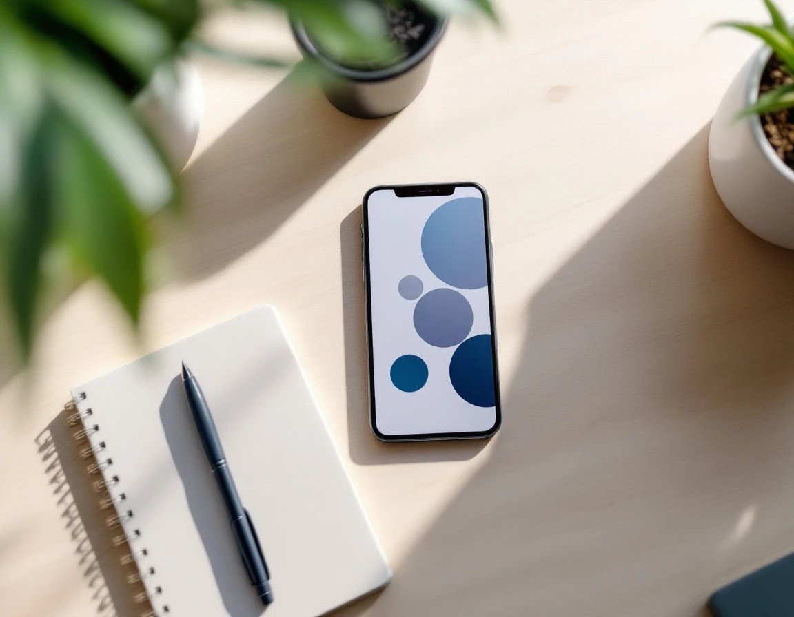 Smartphone on desk showing mobile app interface in modern office workspace with natural lighting