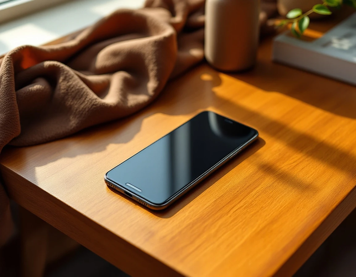 Smartphone resting face-down on wooden desk with water bottle and fabric in warm natural lighting