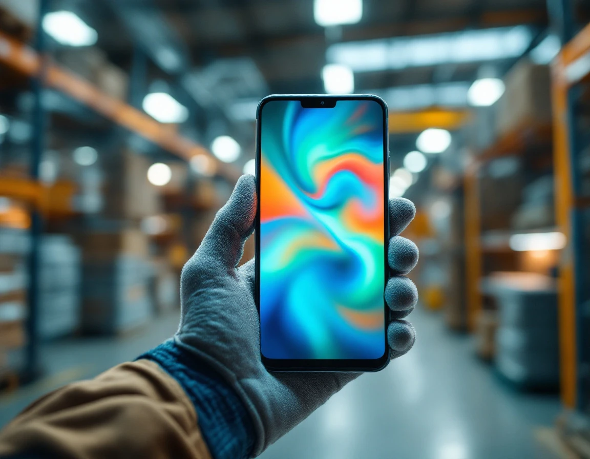 Smartphone with blurred screen held in construction worker's gloved hand at industrial warehouse