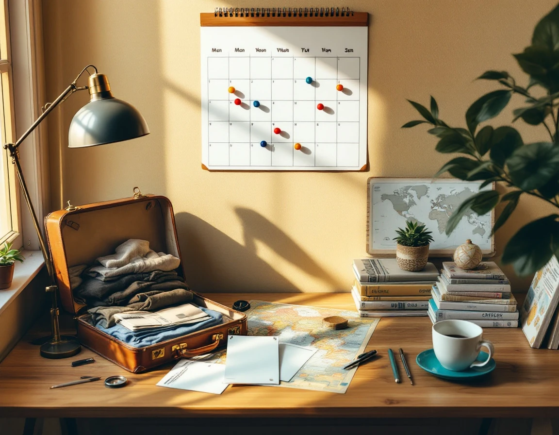 Desk workspace with calendar, packed suitcase, and travel planning materials in warm afternoon light