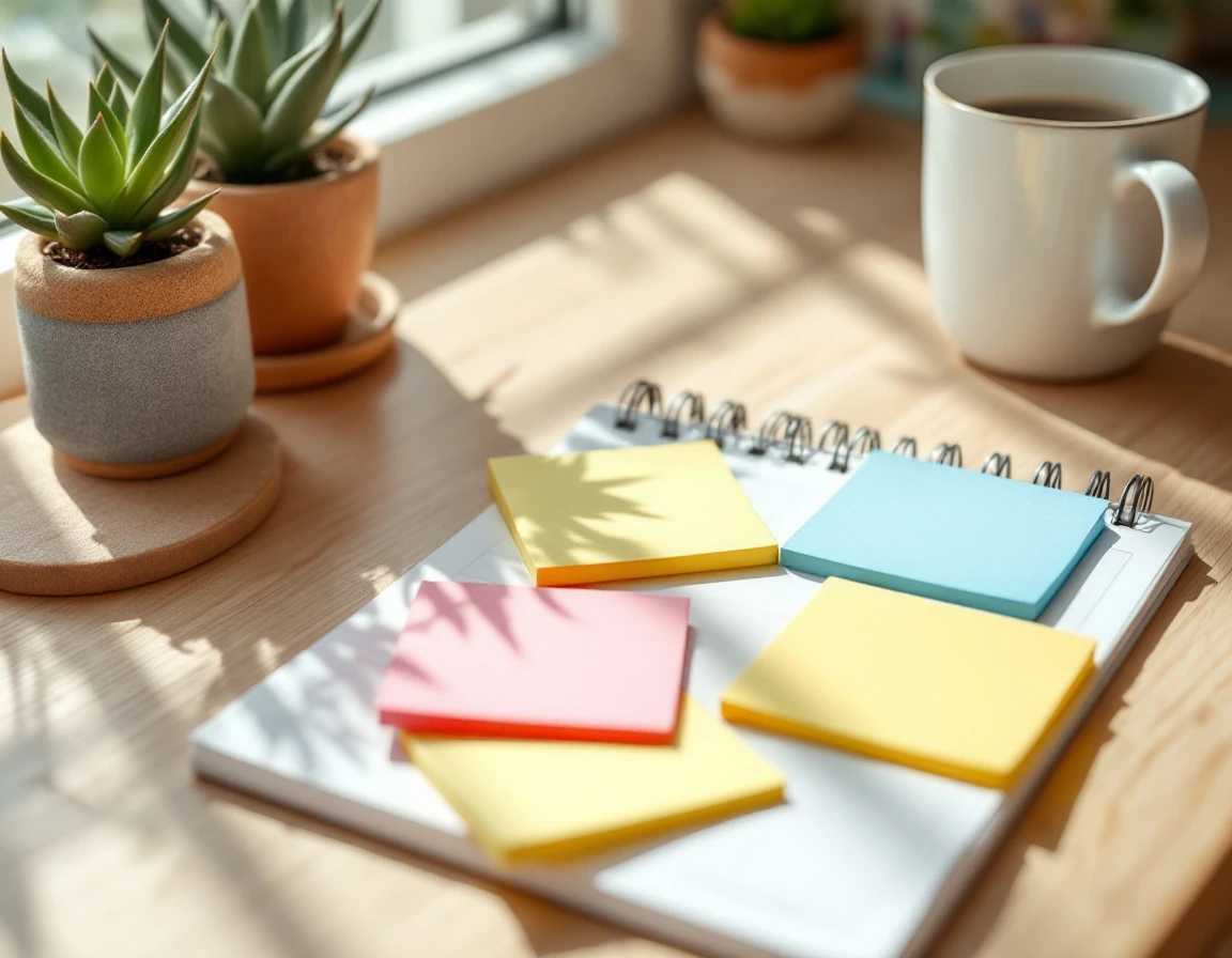 Blank colored sticky notes arranged on desk calendar with coffee mug and plant in sunlit workspace