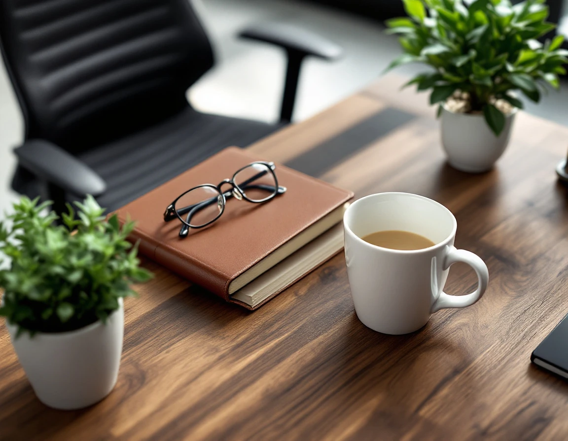Professional office desk with coffee mug, closed journal, and glasses suggesting managerial preparation workspace