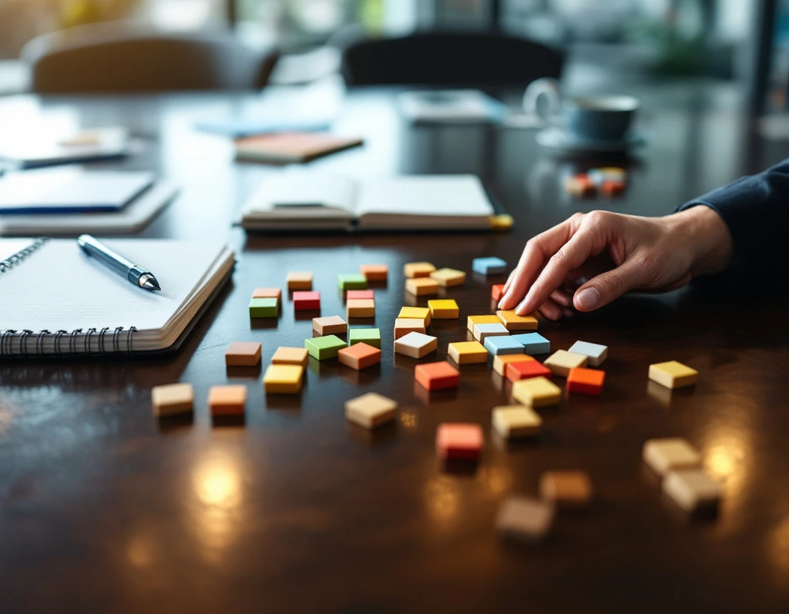 Manager's hands organizing timeline planning materials on conference table in preparation for workforce changes