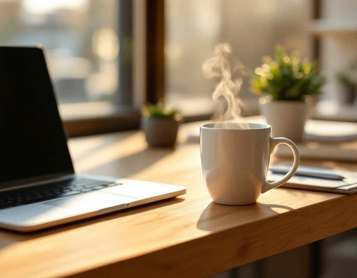 Clean organized workspace with coffee, laptop, and office supplies in natural afternoon light