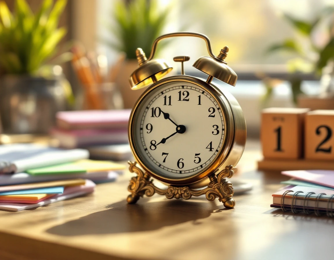 Vintage brass clock on organized office desk with blank sticky notes and scheduling tools in warm natural light
