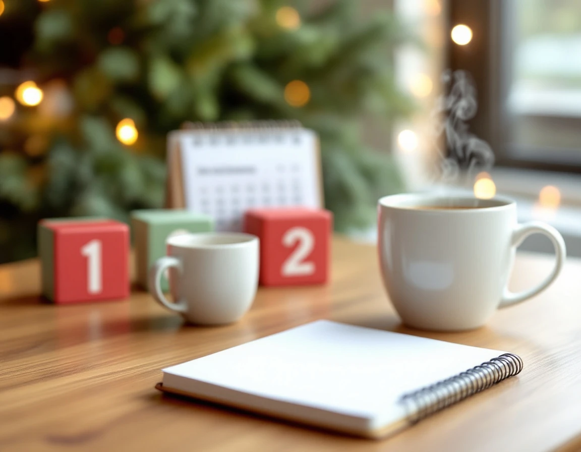 Office desk with blank notepad, coffee mug, and calendar blocks for holiday time-off planning