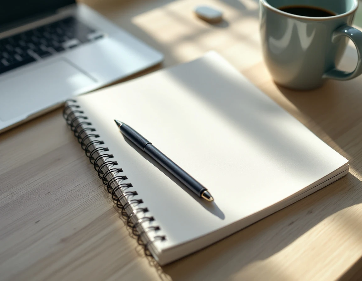 Spiral notebook and pen on wooden desk beside coffee mug and laptop in morning office light